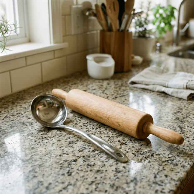Silver soup ladle and rolling pin on counter