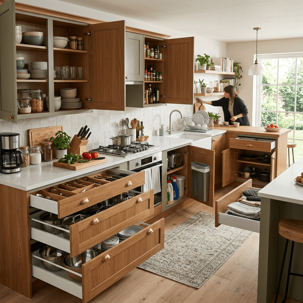 Modern kitchen with open wooden cabinets and drawers showing organized utensils and ingredients