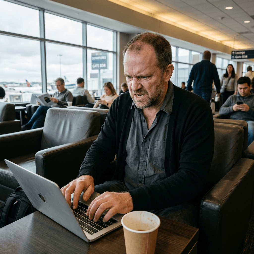 Man showing frustration working on laptop in airport lounge