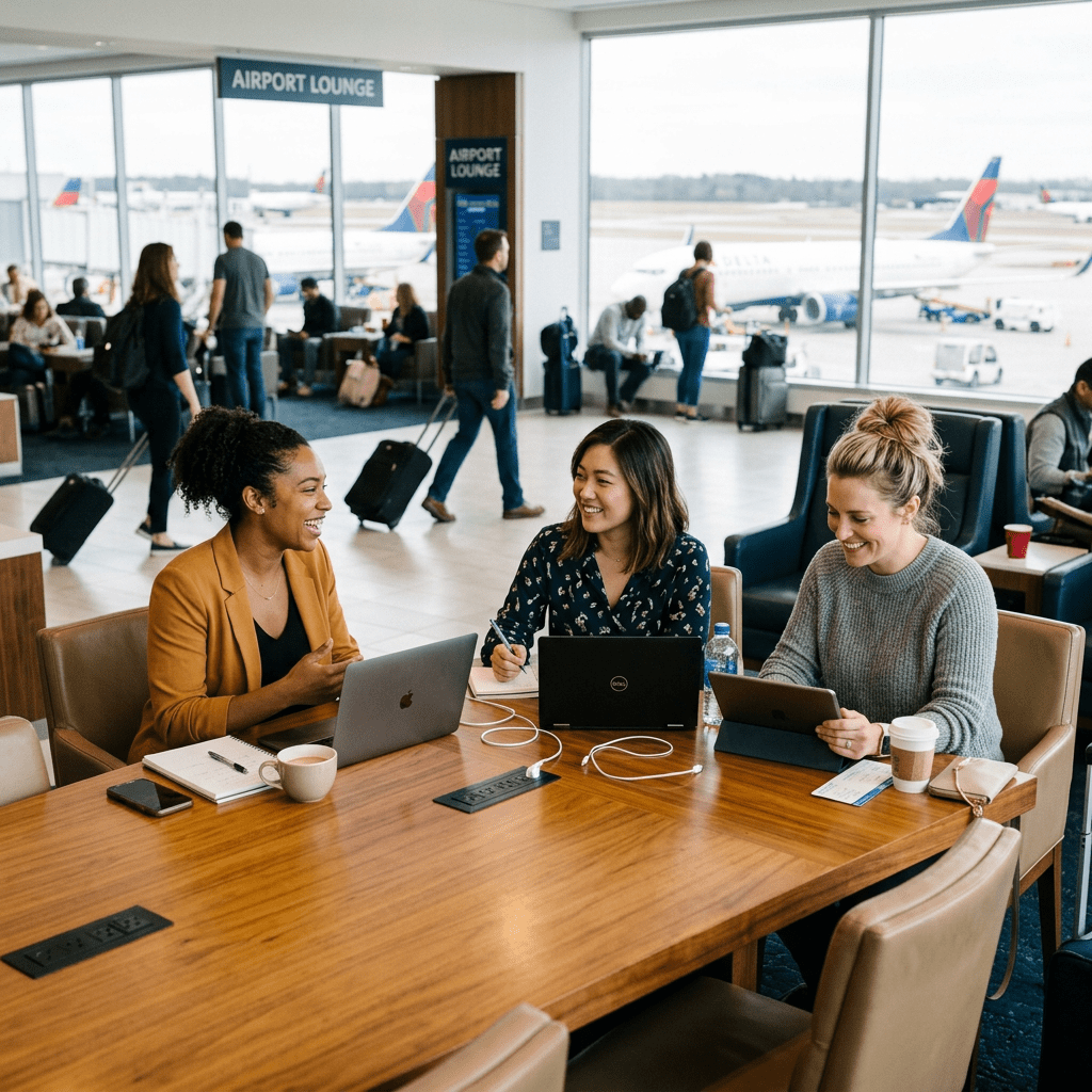 Three women sitting around a wooden table in an airport lounge using laptops and tablet