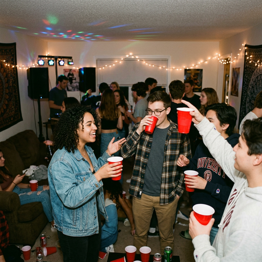 Young adults socializing indoors at a college party with red cups and string lights