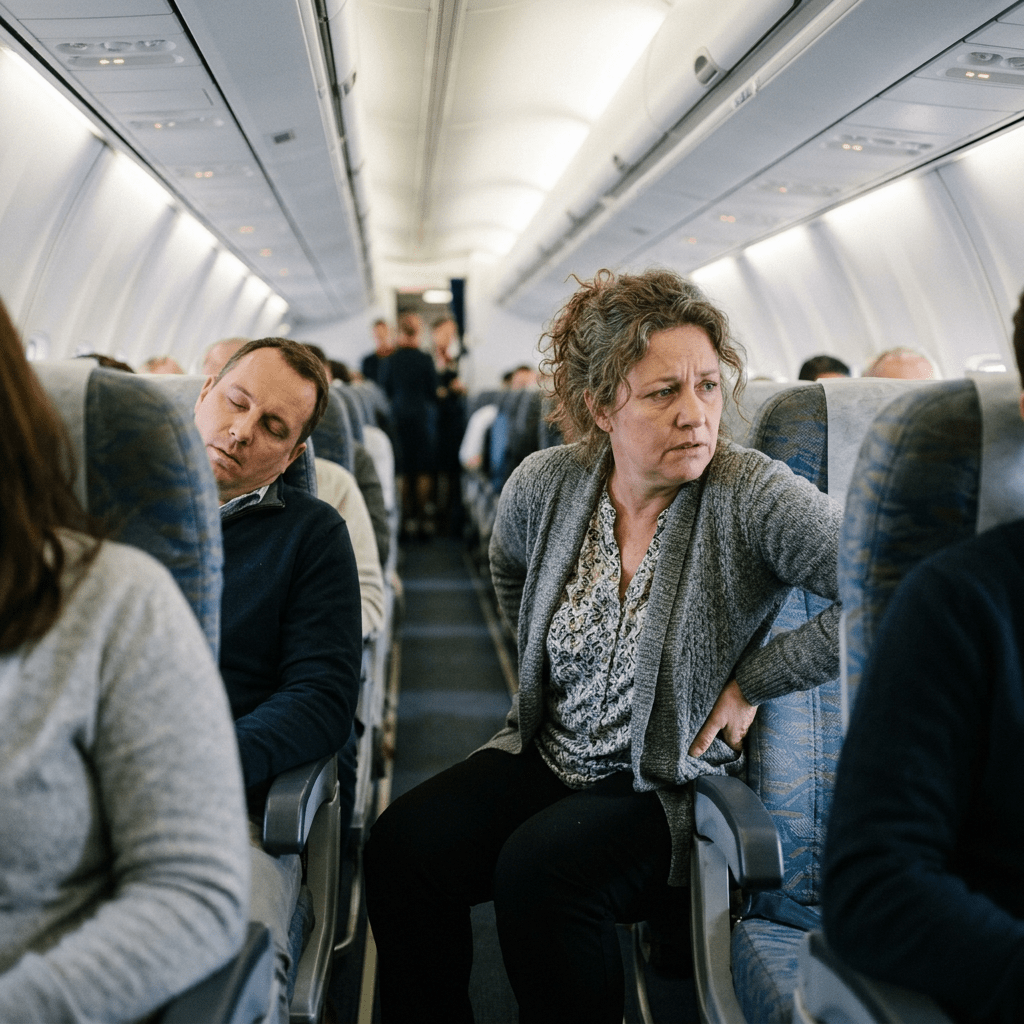 Worried woman sitting in airplane seat looking to the side with man sleeping beside her