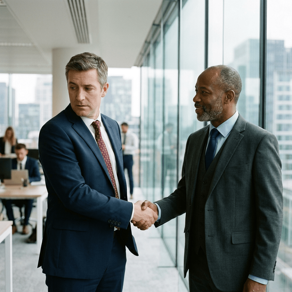Two businessmen in suits shaking hands near office windows