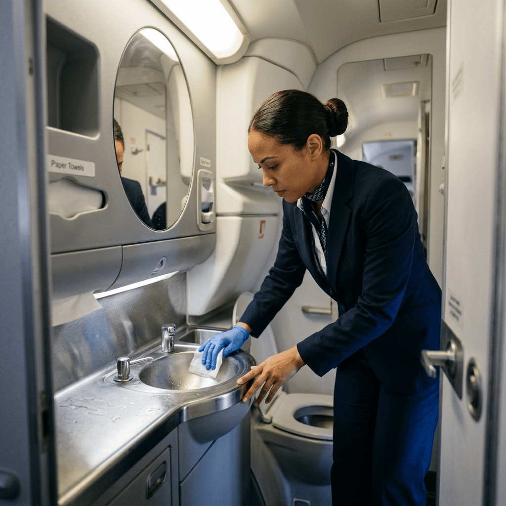 Flight attendant cleaning airplane lavatory sink with a cloth and gloves